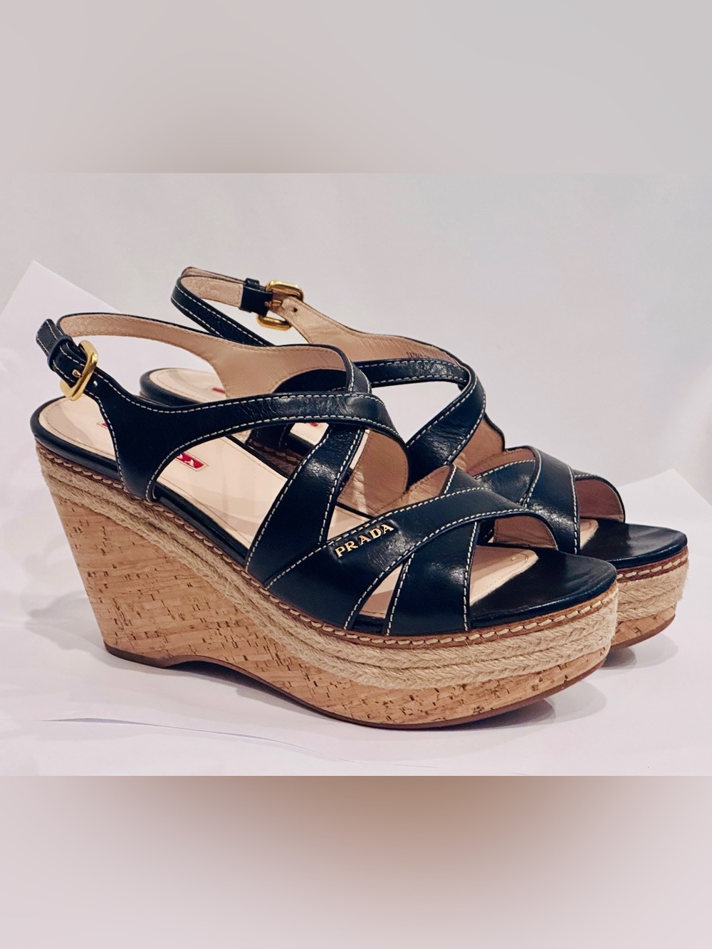 Prada Black Leather Wedge Espadrille Slingback Sandals Size 39 (US 8.5-9)